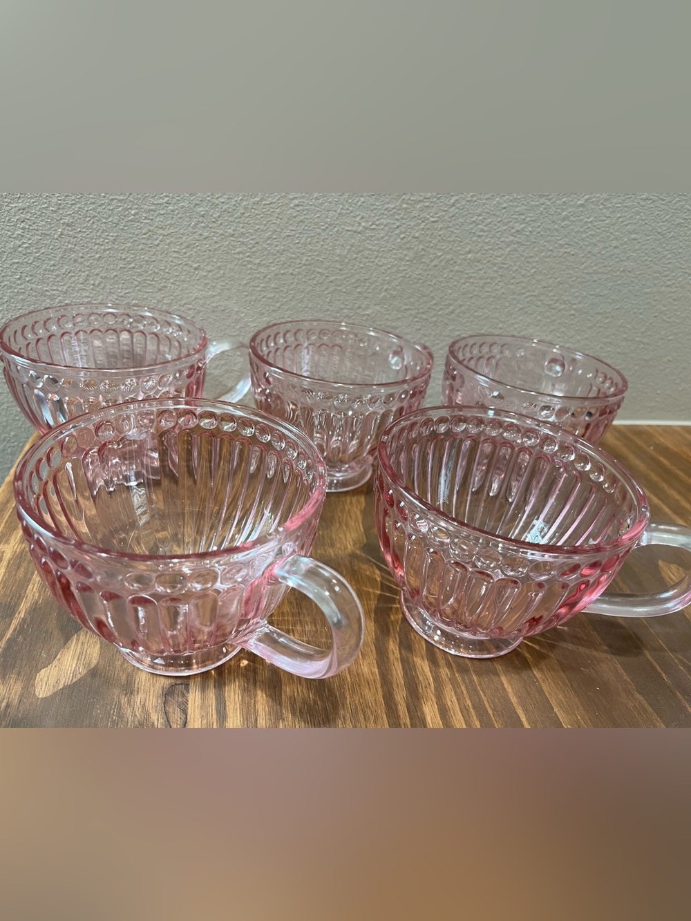 Set Of 5-Vintage Style Pink Glass Coffee Mugs Tea Cup Ribbed Pattern 13.5 Oz New